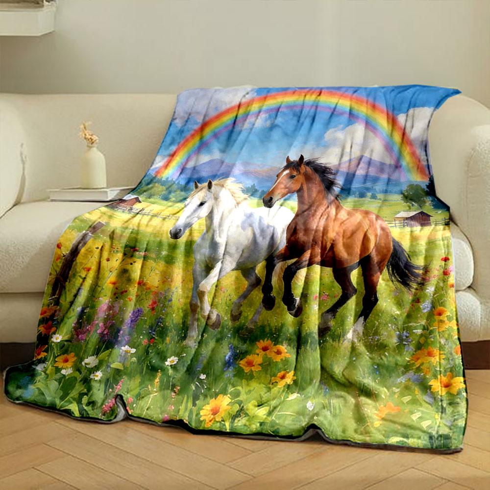 Multi-Size The Romance of Two Horses Print Blanket Flannel Soft Comfort Home Travel Blanket Kids Warm Blanket Picnic