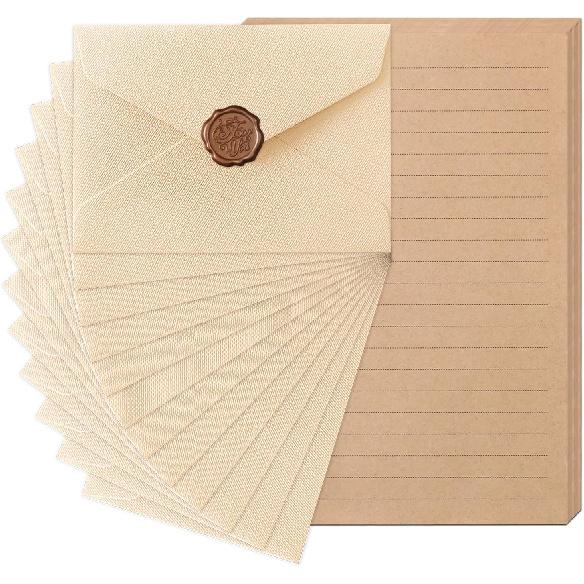48 Pieces Stationery Set with Envelopes (24 Kraft Paper Sheets + 12 Linen Texture Envelopes+12 Wax Seal Stickers), Stationery Letter Writing Paper