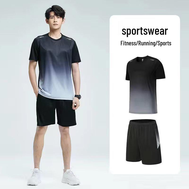 Men's Summer Gradient Tie-Dye Quick-Dry T-Shirt & Shorts Fitness Set