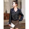 2025 Women's Petite PU Leather Short Motorcycle Jacket, Spring/Autumn Casual Style with Suit Collar.