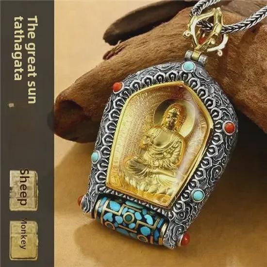 Guardian God Buddha Dzi Bead Pendant Necklace: Wealth God's Green Tara for Men and Women