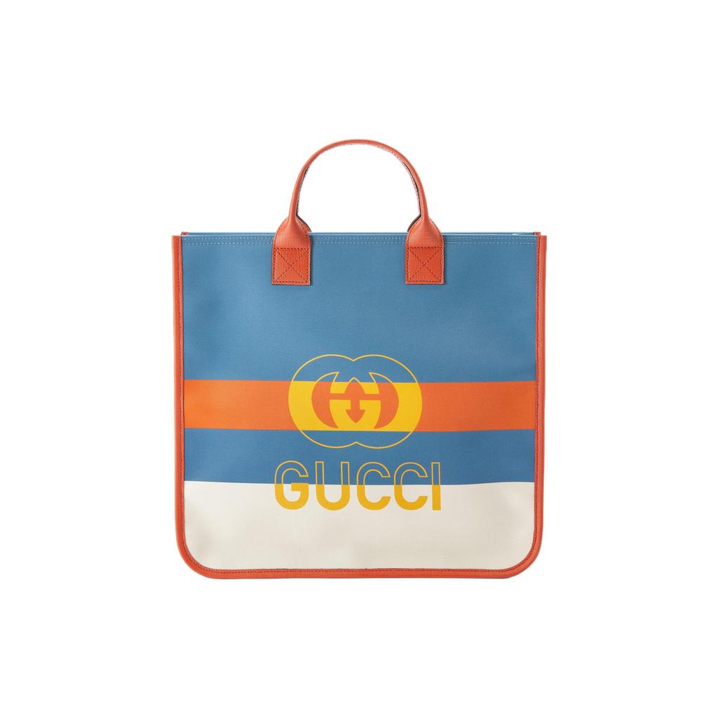 Gucci Logo Print Tote Bag Blue Orange White Canvas Leather Trim Top Handle Handbag for Kids Daily Commute 550763-FAB3Z-8476