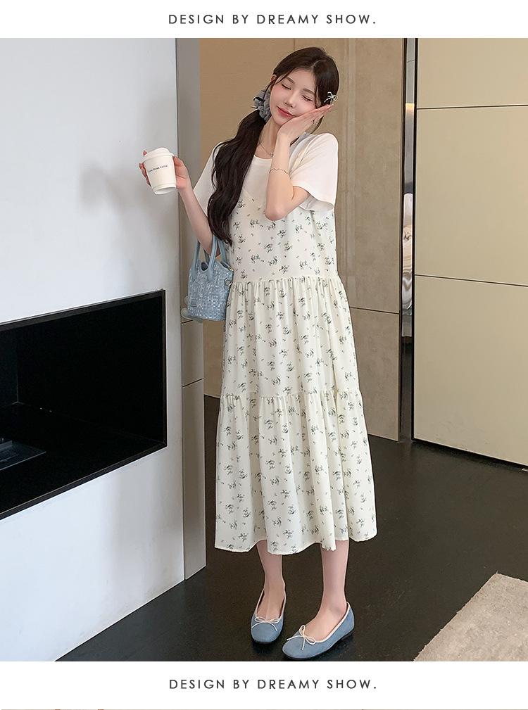 2026 Summer Korean Style Maternity Cotton & Chiffon Two-Piece T-shirt Dress