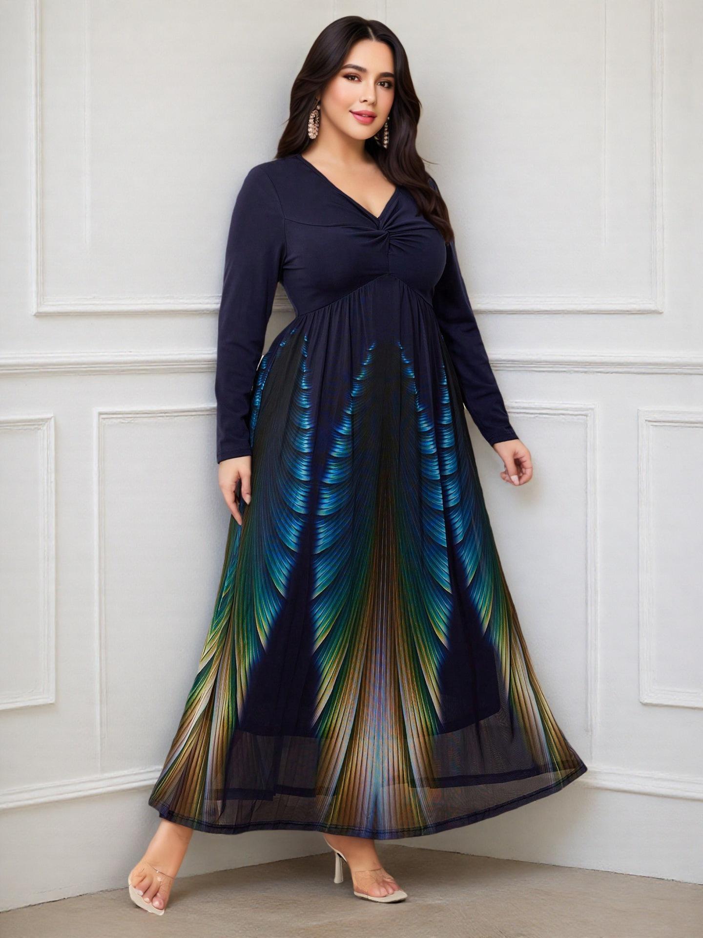 2025 TEMU Digital Print Slim Fit Plus Size Women s Casual Dress - Best Seller 4XL темно-синий