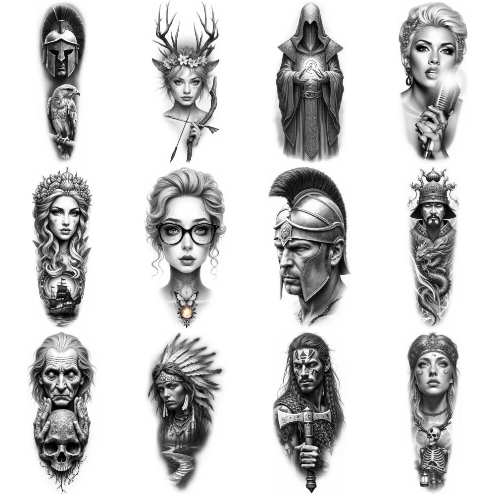 12pcs Temporary Tattoo Waterproof Long-lasting Body Stickers Battle Helmet Warrior Head Modern Man For Thighs Women Adults