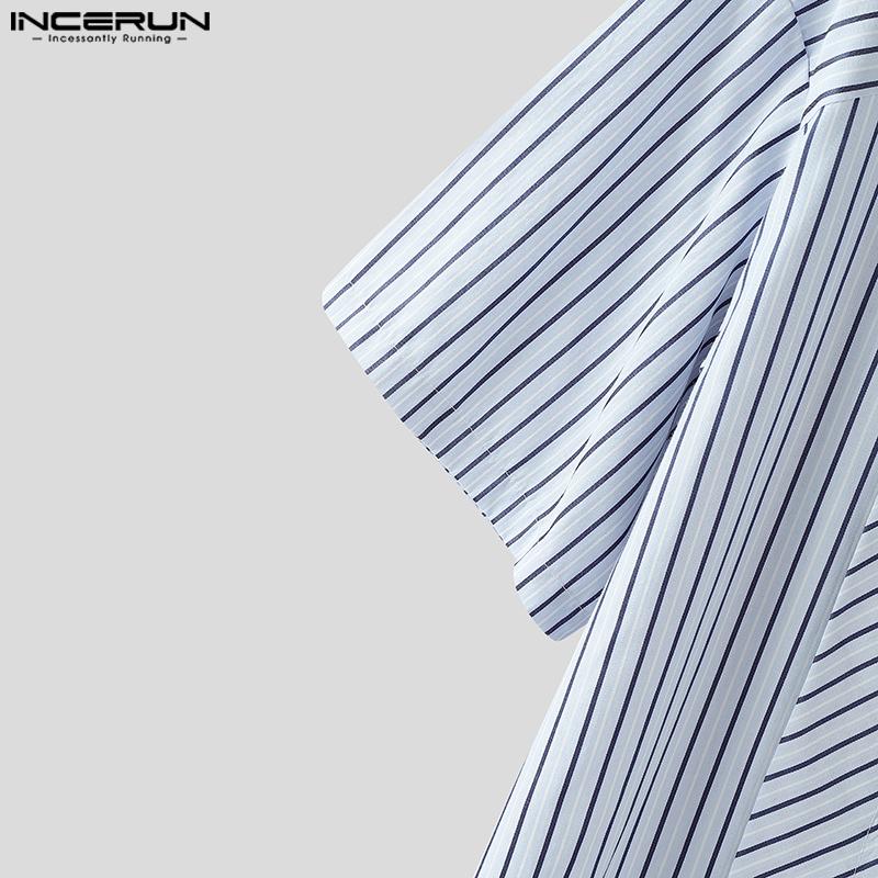 INCERUN Oversized Men Lapel Neck Short Sleeve Striped Print Pleating Shirts Tops
