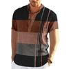 Color Block Striped 3D Print Henley Shirts Men's Fashion Vintage Button Stand Collar Short Sleeve T Shirt Tees Tops Man Clothing