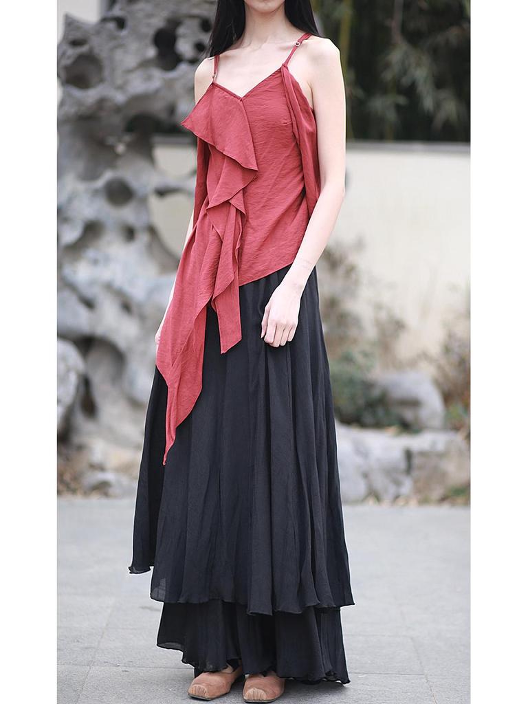 25 Jarní/Letní Chladný Tón Tencel Bambus Vrstvená Dvouvrstvá Maxi Swing Midi Sukně