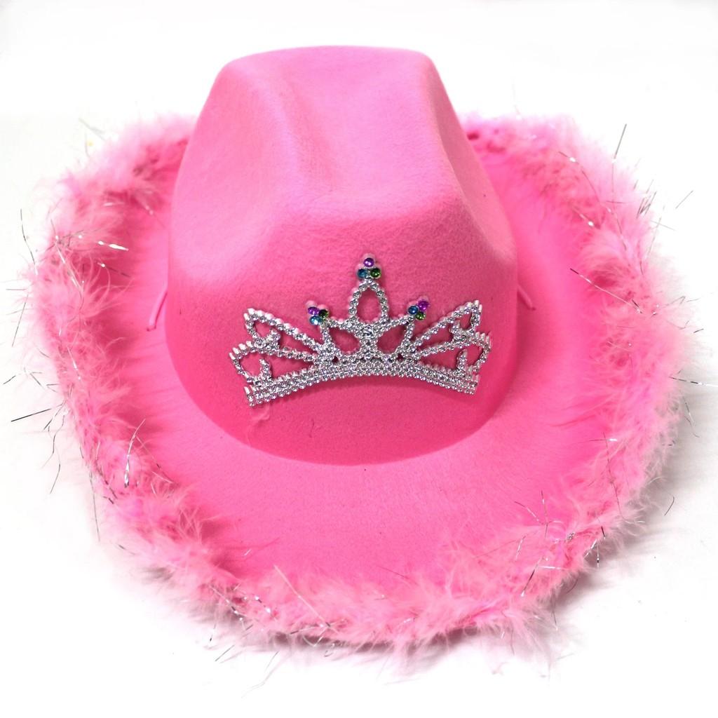 Rosa Stoff-Cowboyhut mit Sternverzierungen und leuchtender Krone für Partykleidung und Geschenke