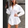 Women's Summer Long Sleeve Lapel Shirt Pleated Waist Solid Color Shirt Dress