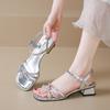 French Open-toed Rhinestone Sandals 2025 Summer New Fashion Outer Wear Thick Heel Square Head One-word Buckle with Skirt Women's Shoes