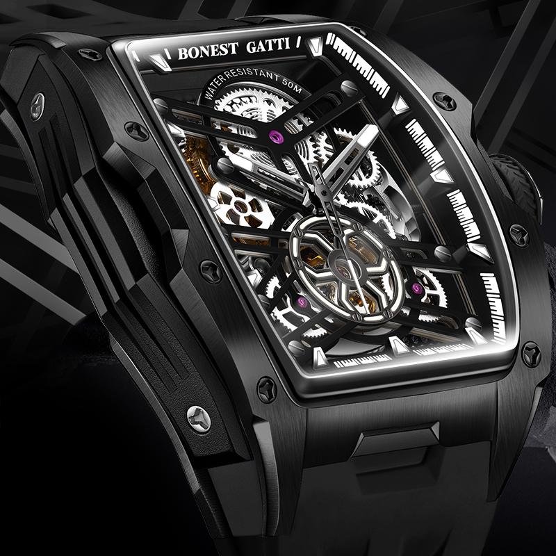 BONEST GATTI German Craftsmanship Men's Watch | Luxury Tonneau Stainless Steel Skeleton Automatic Mechanical Movement Wristwatch