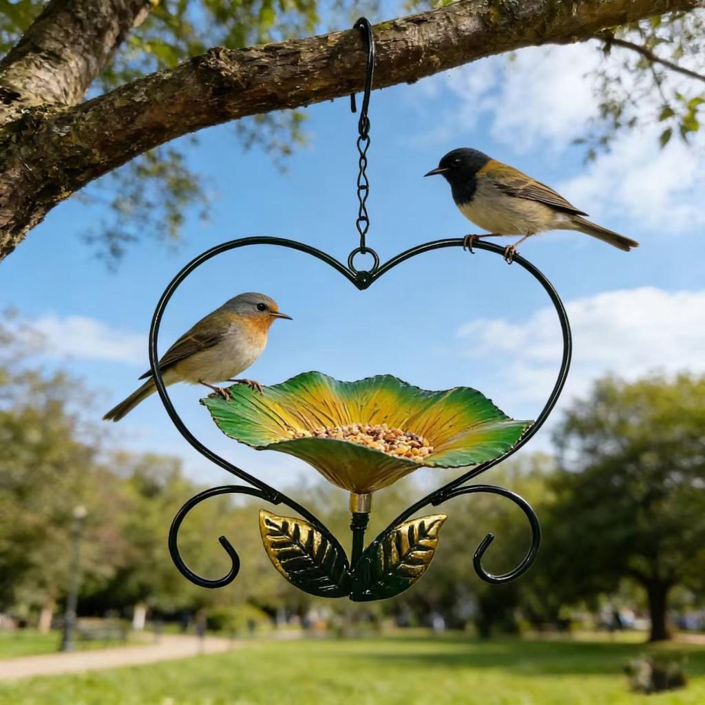 Metal Hanging Bird Feeder Outdoor Garden Decorative Bird Feeder with Floral Design and Heart Frame for Backyard Patio Porch Hanging
