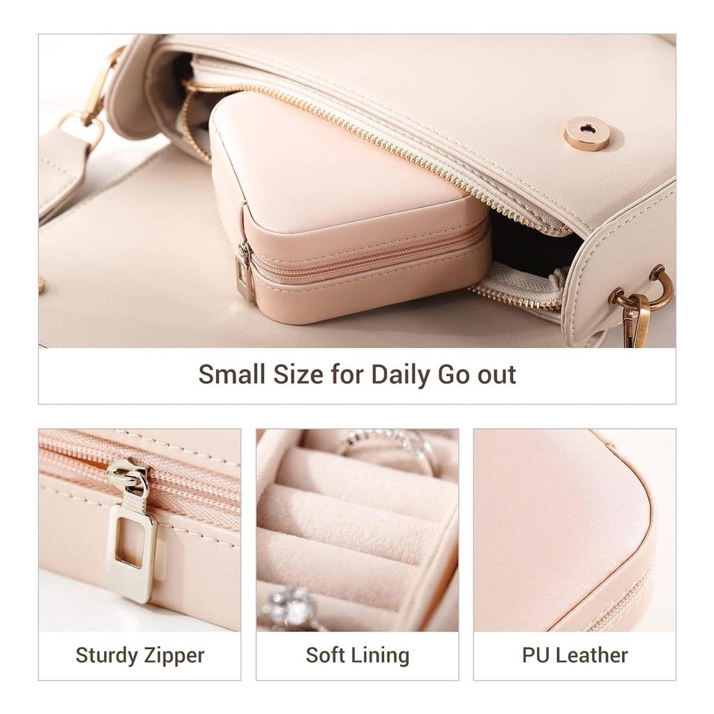 Small Jewelry Box Portable Jewelry Travel Organizer Display Storage Case for Rings Earring Necklace Bracelet, Gift for Women Girls, Pink Faux Leather
