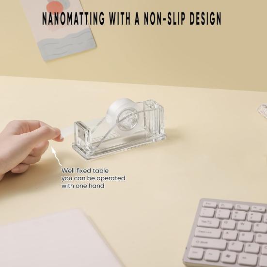 Acrylic Tape Dispenser with Pen Holder Transparent Compact Size Portable Office School Desktop Tape Cutter Holder
