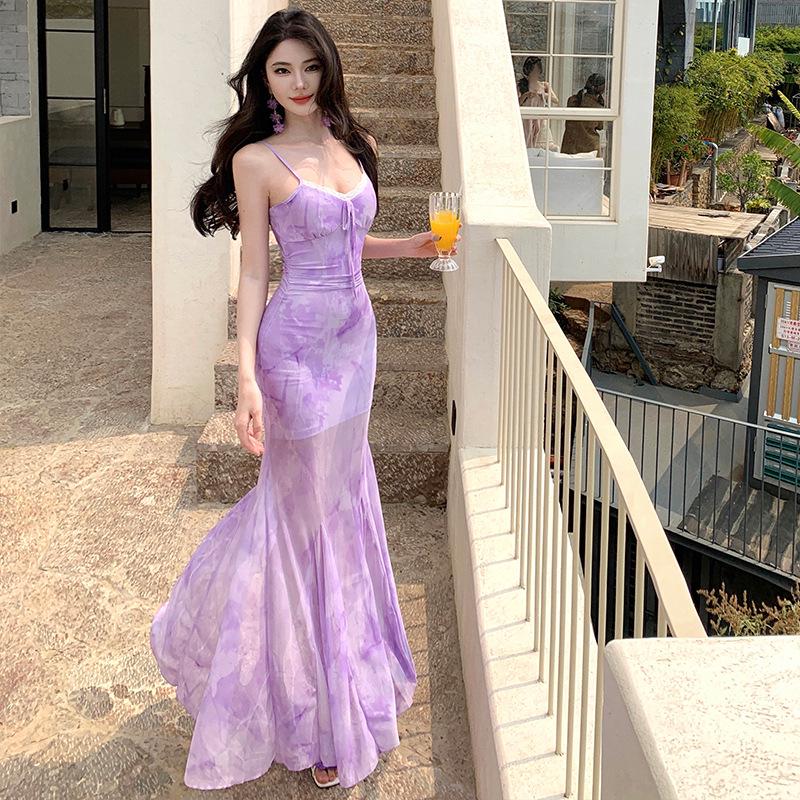

French Light Green Mesh Camisole Dress - Women s Summer Seaside Fishtail Maxi Dress M фиолетовый