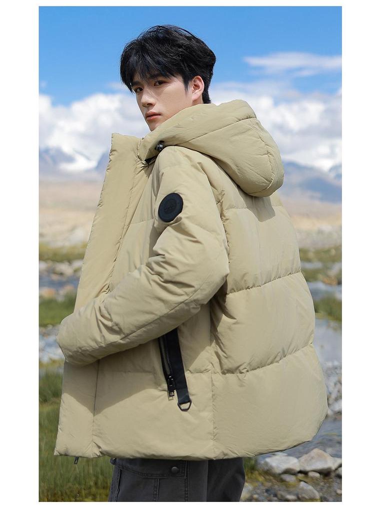 Men's 2025 Winter Hooded Down Jacket - Color Block, Zipper Pockets, Thick, Loose Fit, 90% White Duck Down.