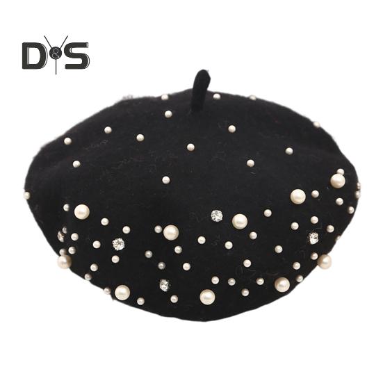 

Женский берет с искусственным жемчугом и стразами, винтажная шерстяная шляпа в английском стиле без полей, однотонная, с регулируемыми лямками, кепка-тыква