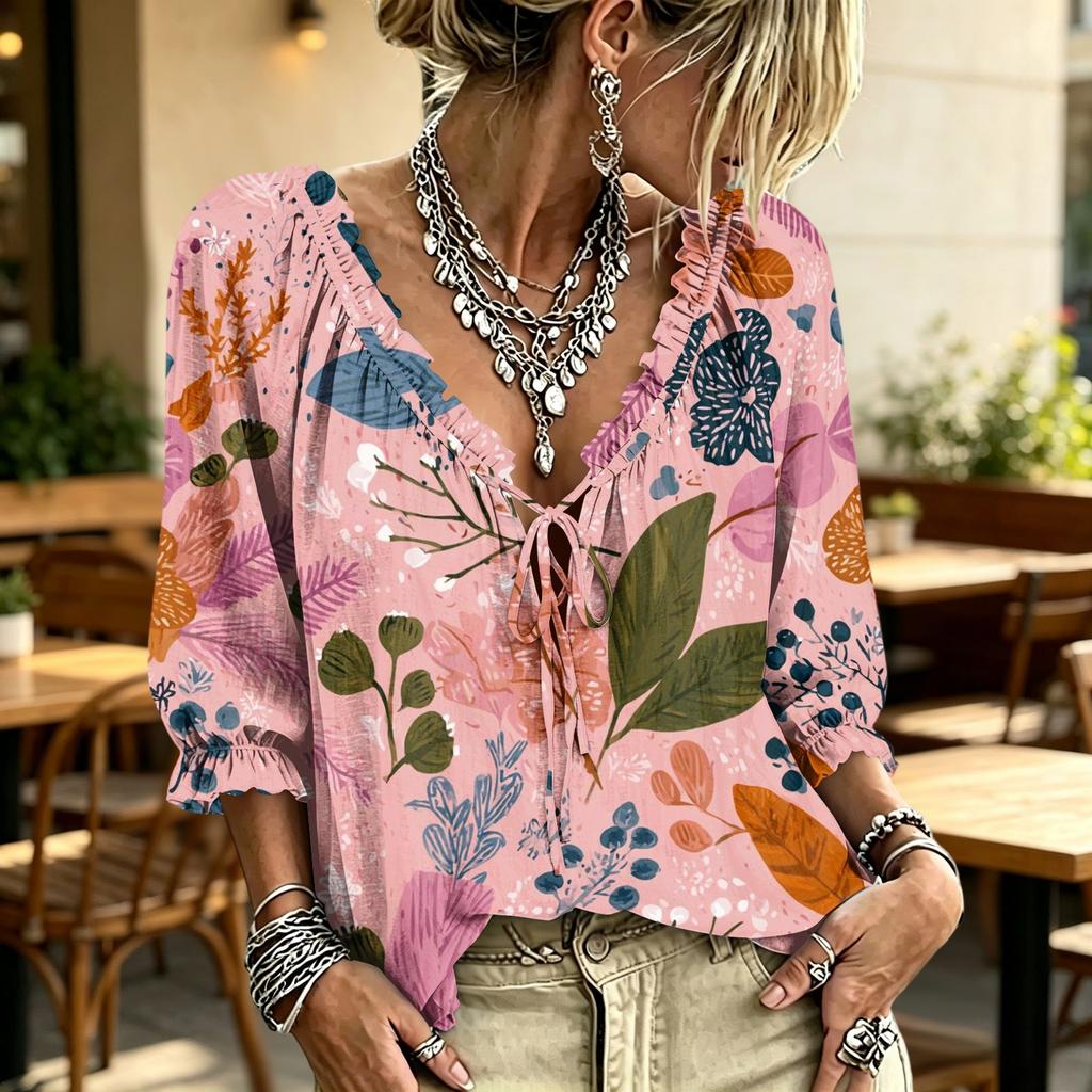 Women's Casual V-Neck Ruffle Tie Printed Blouse