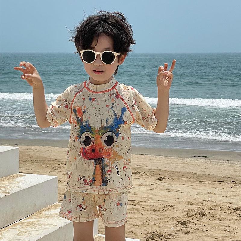 Colorful Cartoon Swimsuit Set for Kids: Short Sleeve Top & Shorts - Perfect for Beach or Hot Spring Adventures