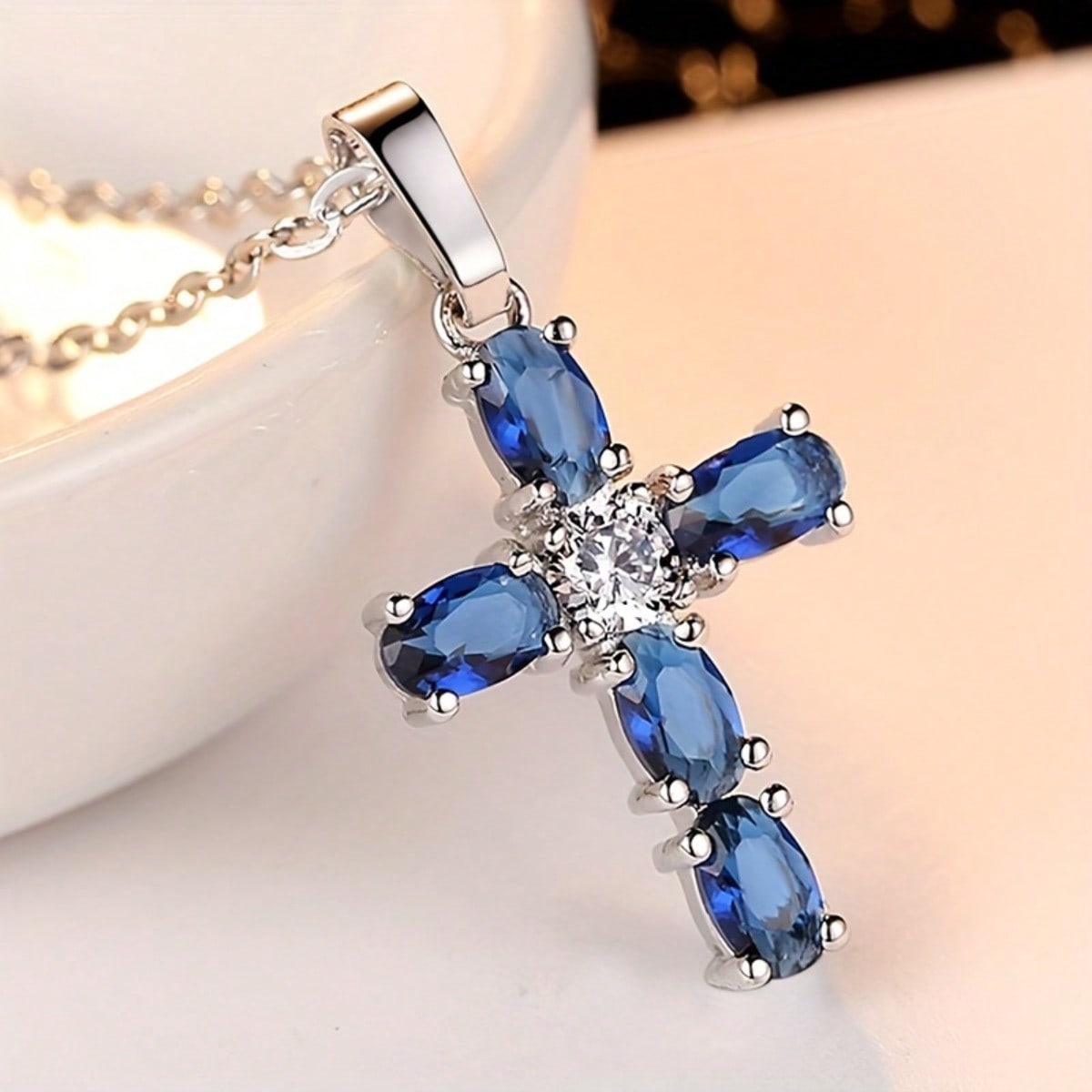 Fashionable Sapphire Blue Cubic Zirconia Cross Pendant Necklace синий