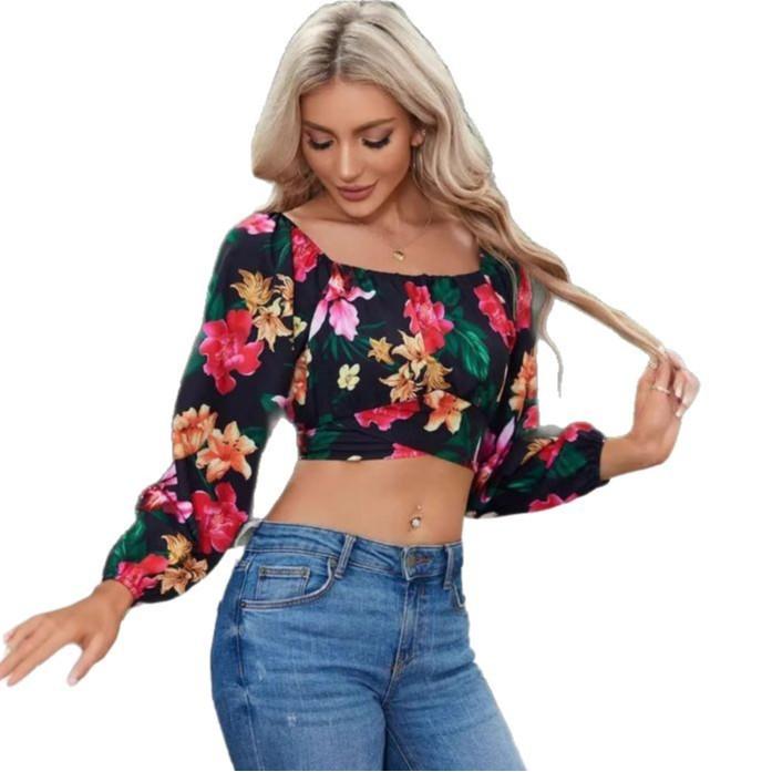 Women's long sleeves off-shoulder one-length neck lantern sleeve printed shirt