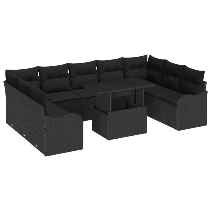 Ensemble de canapé de jardin de 10 pièces avec coussins Rotin poly noir, Canapé de jardin 2 places avec rangement et 3357266