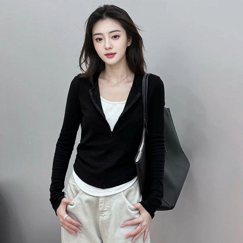 2025 Autumn and Winter New Style Zipper Fake Two-Piece Long-Sleeved T-Shirt for Women with Niche Design and Casual Outerwear Top