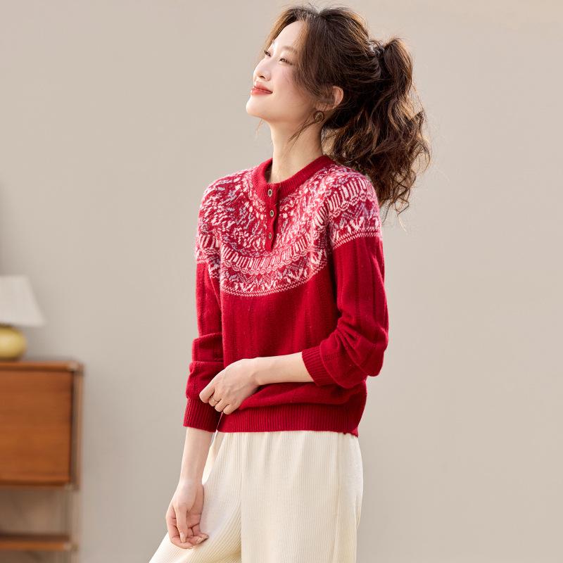 Red Fair Isle Jacquard Wool Sweater - Loose Round Neck Knit Top for Small Person