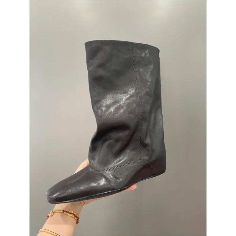New Retro Square-toed Mid-calf Boots, Women's Shoes and Sleeve Boots for Autumn and Winter