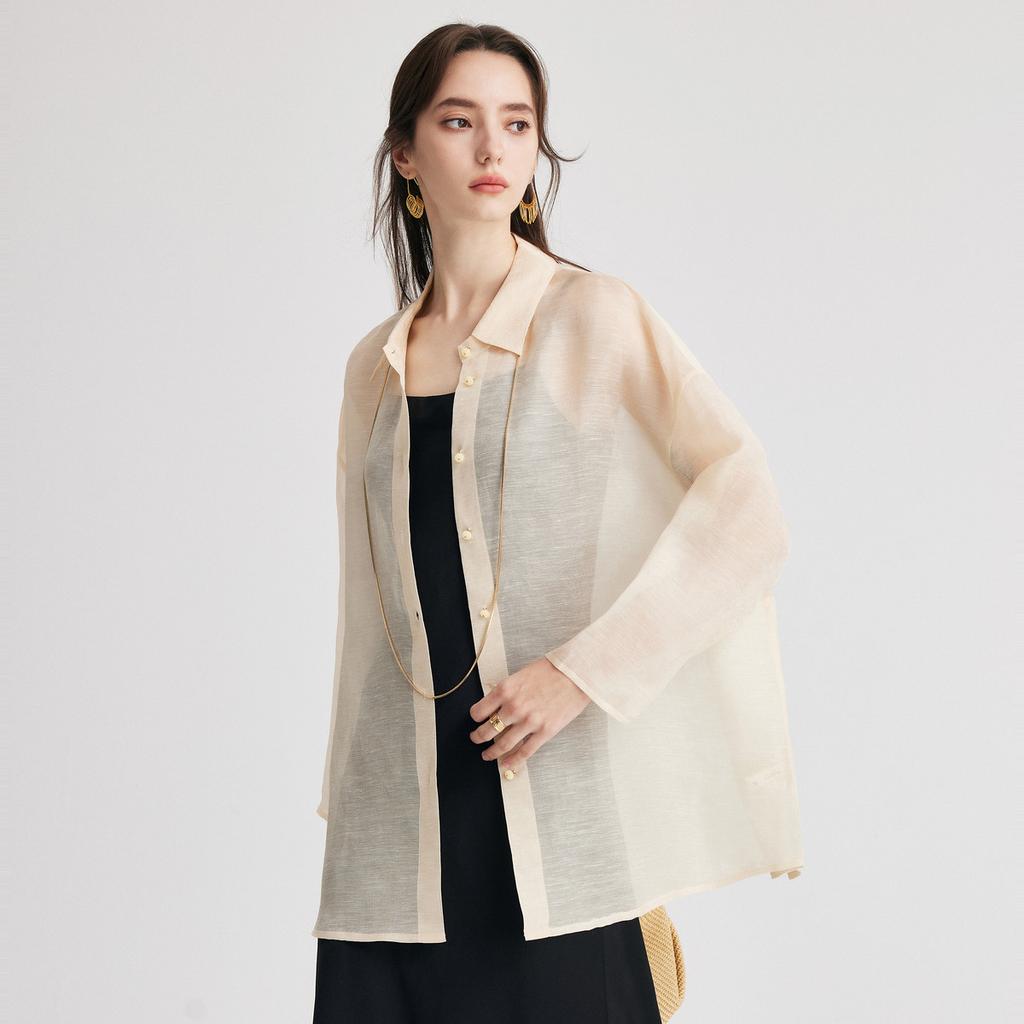 Advanced Lazy Style: Mulberry Silk 26 Summer Collar Loose Long Sleeve Shirt Fashionable Relaxed Linen Top for Women