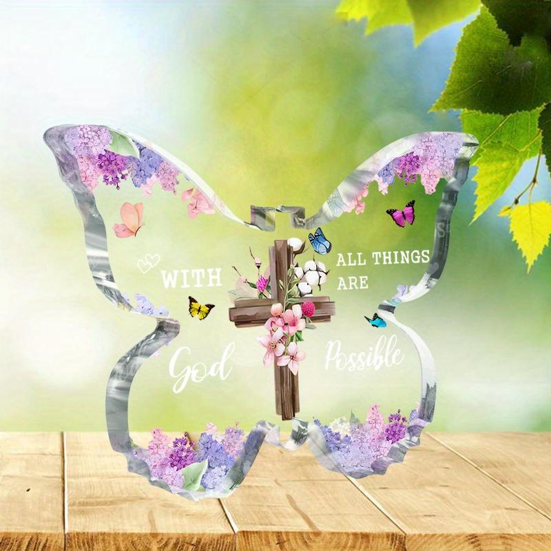 Vintage Acrylic Sign, 1pc Inspirational Acrylic Butterfly Cross with Bible Verses - 'with God All Things Are Possible' Christian Keepsake Decor