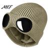 Outdoor Skiing Headwear Knitted Hat with Goggles, Unisex Winter Hat, Fleece Lined, Windproof Stylish Streetwear Warm Skull Cap for Cycling Street