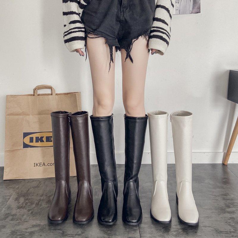 Women'S Boots  Spring New High Barrel Knight Boots Low Heel Square Head Long Boots Women'S Coarse Heel Women'S Shoes