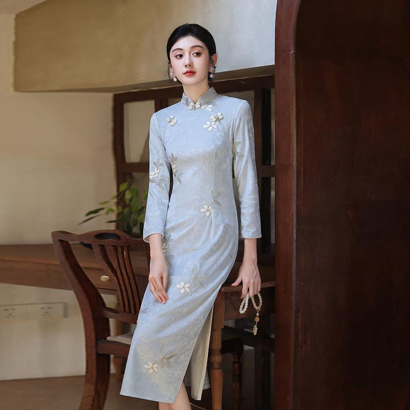 Blue New Chinese Daily Suzhou Long Sleeve Autumn Cheongsam Improved Young 1011 New Women's Premium Spring and Autumn