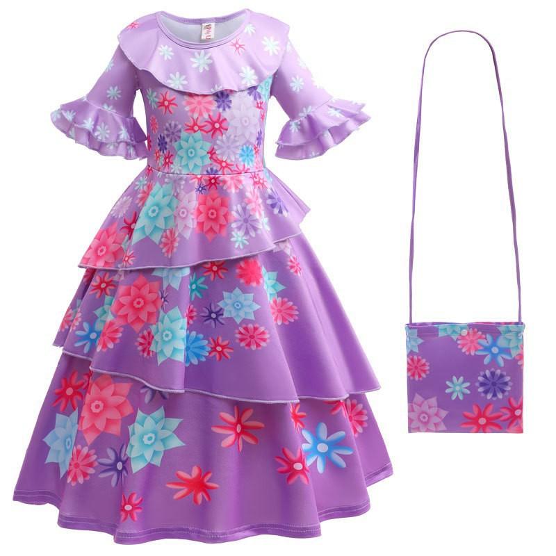Encanto Isabella Floral Princess Dress with Bell Sleeves for Girls Costume with Matching Bag