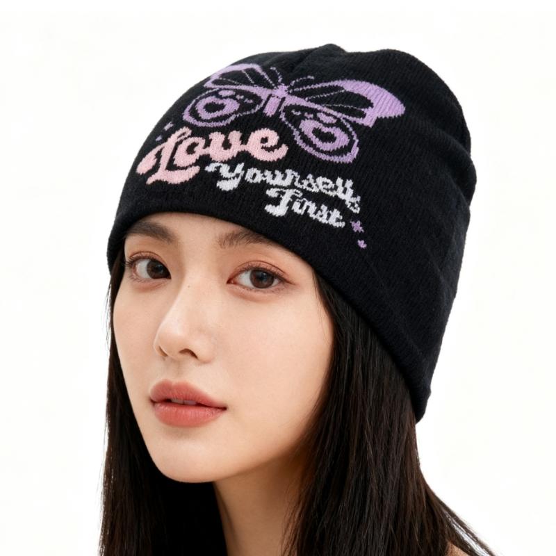 2000s Butterfly Pattern Knitted Hat Streetwear Design Breathable Acrylic Fibre Hat For Outdoor Music Festival Daily Use
