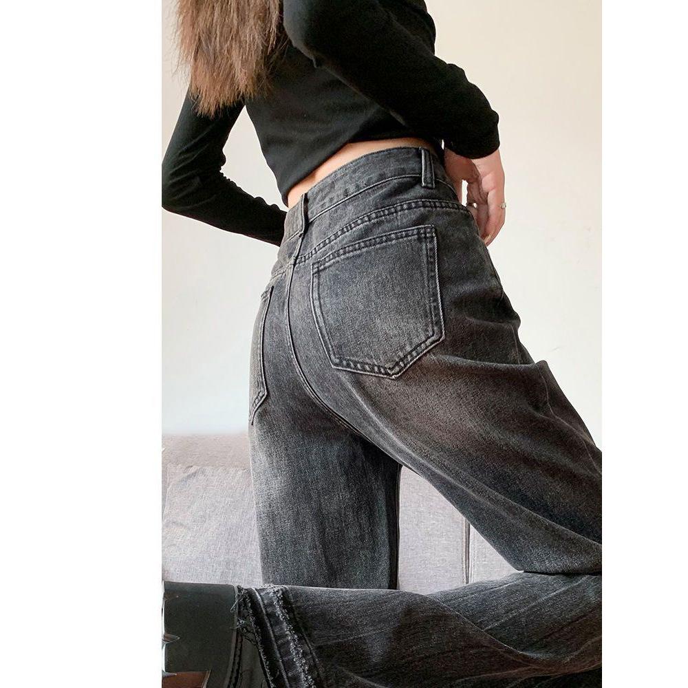 Women's Black Frayed Micro Flare Bell Bottom Jeans - High Waist, Wide Leg, Floor Length for Spring/Autumn
