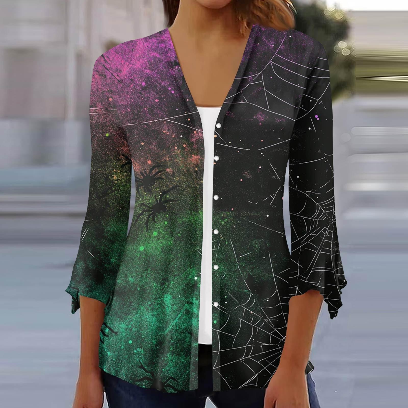 

Women s Loose Casual Printed Seven Sleeve Button Down Shirt Cardigan Top L темно-зелений колір