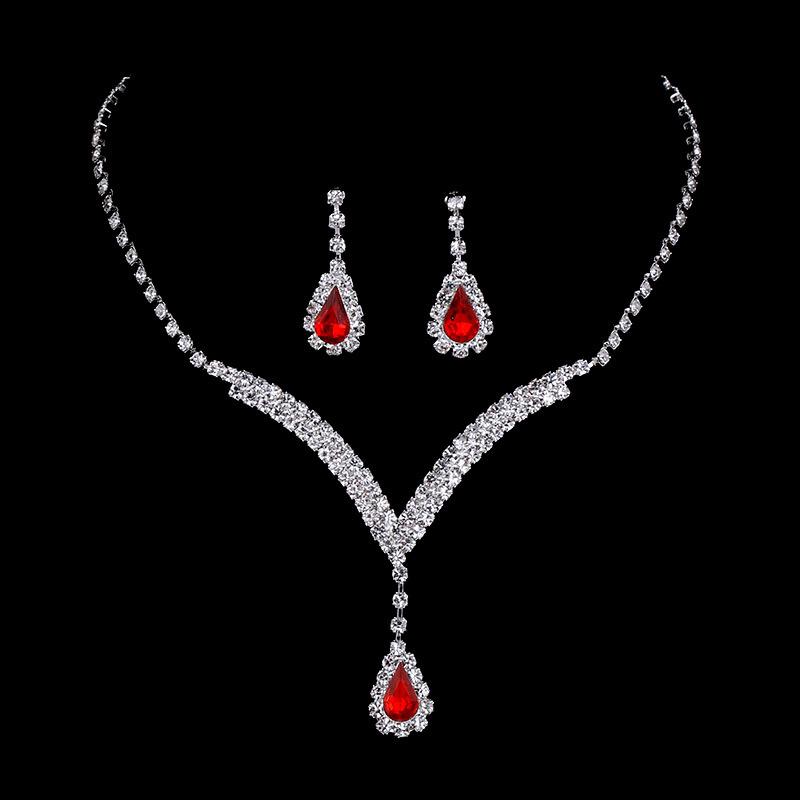 Bridal Jewelry Set: European & American Style Diamond V-Neck Teardrop Pendant Necklace & Stud Earrings N5471