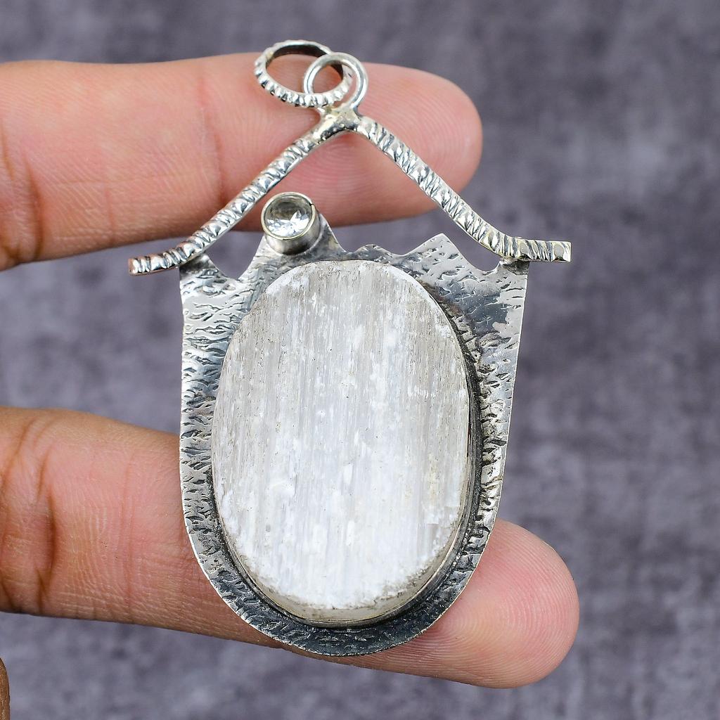 Natural Selenite, White Topaz Gemstone 925 Sterling Silver Pendant 2.27" ET-1546