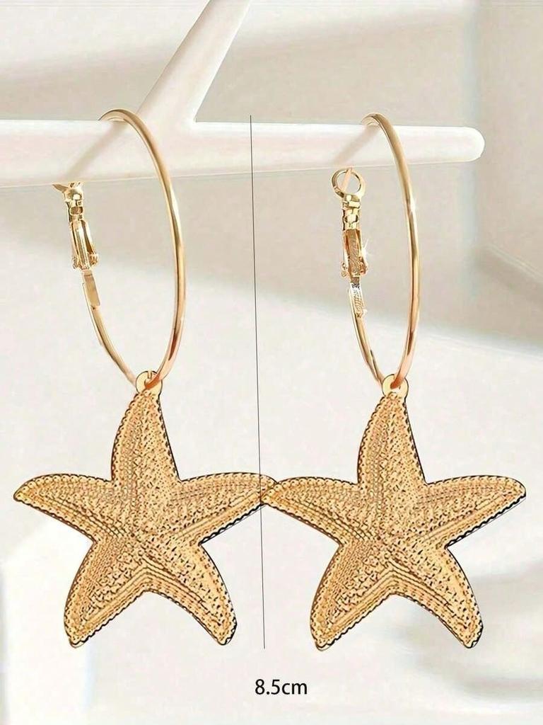 1 Pair Vacation Bohemian Shell, Conch, Faux Pearl, Starfish And Sea Life Shaped Pendant Earrings, Exaggerated Metal Design Earrings