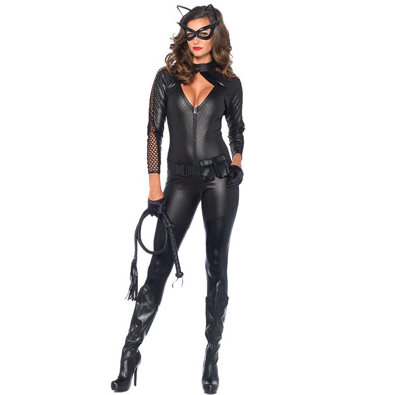 Plus Size Catwoman Halloween Jumpsuit with Pockets - European & American Nightclub Stage Costume