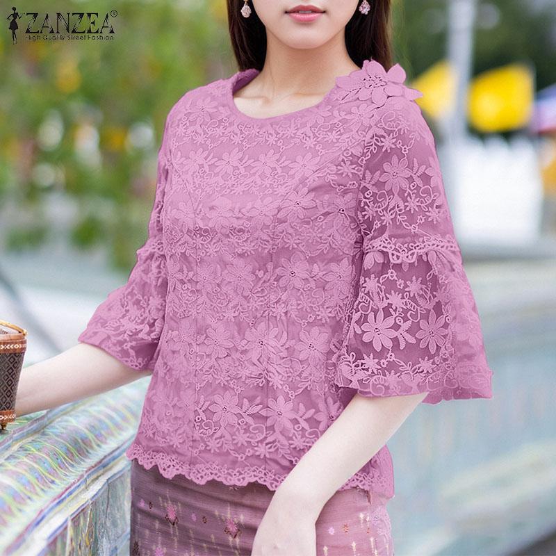 

ZANZEA Women Casual Round Neck Half Sleeve Lace Patchwork Blouse 5XL хакі