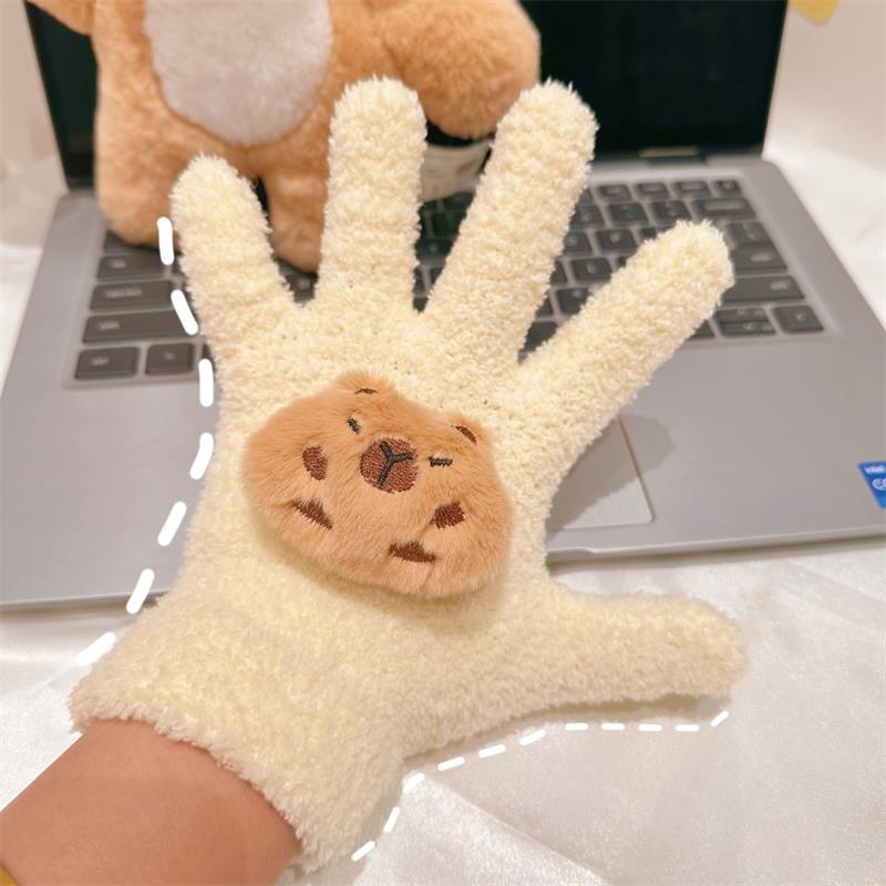 Cute Capybara Gloves Plush Coral Fleece Cold-Proof Gloves Five-Finger Gloves Student Winter Warmer Gloves Girly Christmas Gifts