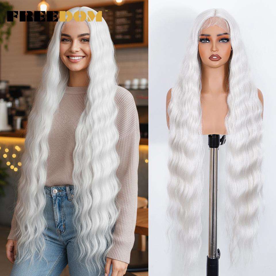 FREEDOM Synthetic Lace Front Wigs For Women 36 Inch Super Long Deep Body Wavy Cosplay Lace Wigs Ombre Blonde White Cosplay Wig