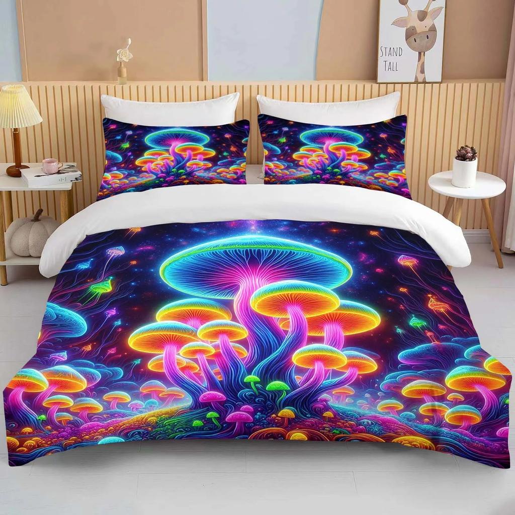 Super Vibrant Neon Psychedelic Mushrooms Print Bedding Set 1 Duvet Cover 1/2 Pillowcases Adult and Children Bedding Set Luxury