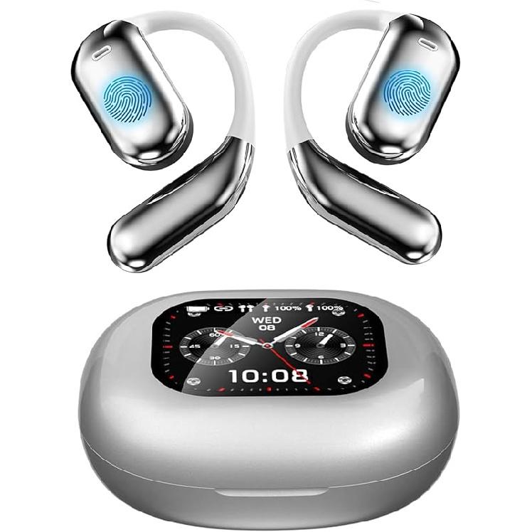 Intelligent Touch Screen Open Ear Earbuds Bluetooth 5.4 Headphones Over The Ear Earbuds 50H Playtime LED Display Charging Case Sport Over Earphones