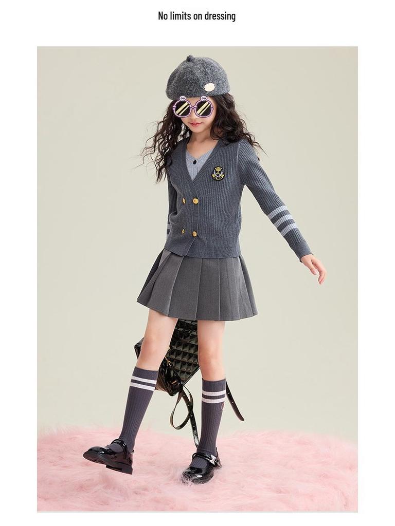 2025 Girls' Academy Style Knit Cardigan with Two-Piece Korean Slimming Skirt Set