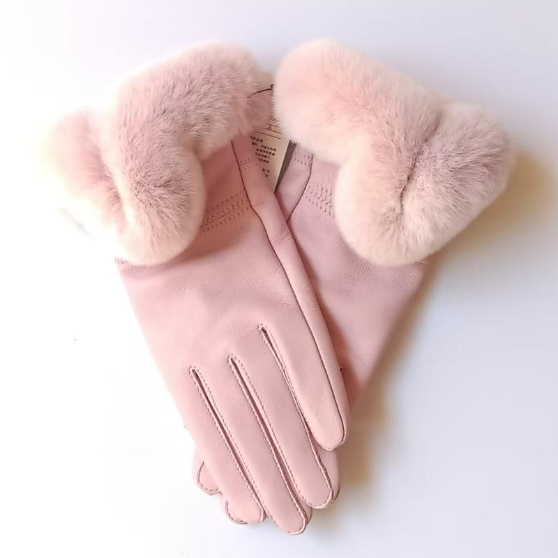Women Winter Genuine Sheepskin Leather Glove With Rex Rabbit Fur Cuff Warm Winter Female Genuine Leather Gloves Hand Warmer